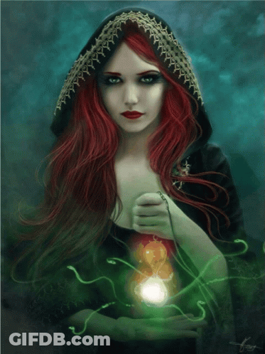 A Woman With Red Hair And A Black Hood Is Holding A Light GIF