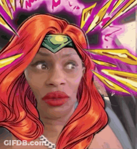 A Woman With Red Hair And A Green Headband Is Wearing A Comic Book Character Costume . GIF