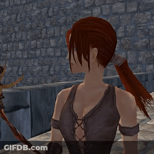 A Woman With Red Hair And Blue Eyes Is Standing In Front Of A Brick Wall GIF