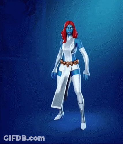 A Woman With Red Hair And Blue Eyes Is Standing On A Blue Background In A Superhero Costume . GIF