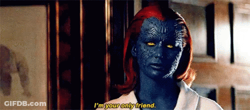 A Woman With Red Hair And Blue Skin Is Talking To A Man In A Room . GIF