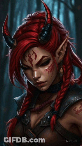 A Woman With Red Hair And Horns Has A Tattoo On Her Forehead GIF