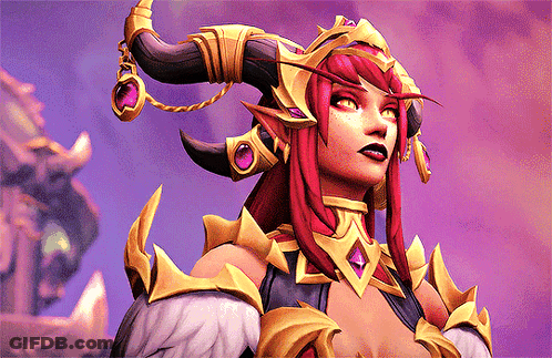 A Woman With Red Hair And Horns Is Standing In Front Of A Purple Background GIF