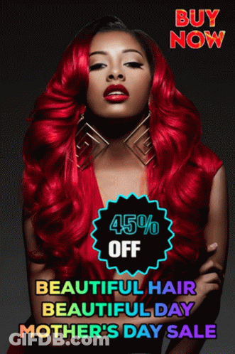 A Woman With Red Hair Is Advertising A 45 % Off Mother 'S Day Sale GIF