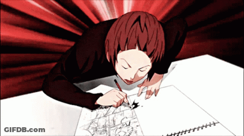 A Woman With Red Hair Is Drawing On A Piece Of Paper With A Pen GIF