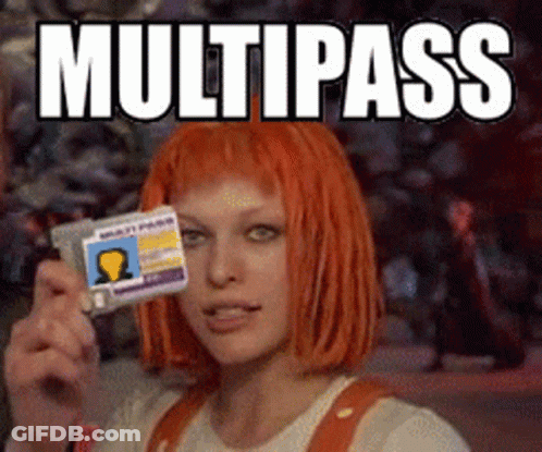 A Woman With Red Hair Is Holding A Badge That Says Multipass On It GIF