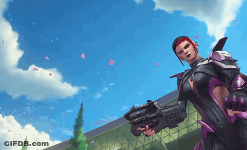 A Woman With Red Hair Is Holding A Gun And Petals Are Falling From The Sky GIF