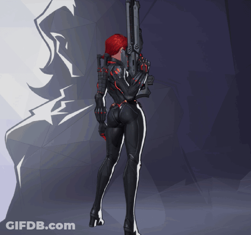 A Woman With Red Hair Is Holding A Gun In Her Hand GIF