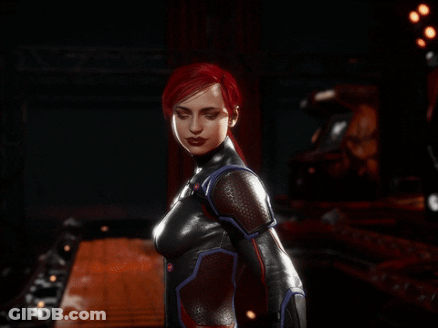 A Woman With Red Hair Is Holding A Red Stick In Her Hand GIF