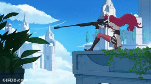 A Woman With Red Hair Is Holding A Rifle In Front Of A Cloudy Sky GIF