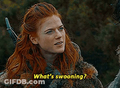 A Woman With Red Hair Is Holding A Sword And Saying What 'S Swooning ? GIF