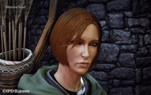 A Woman With Red Hair Is Sitting In Front Of A Brick Wall With Arrows In A Basket And The Words Illusive Soul On The Top GIF