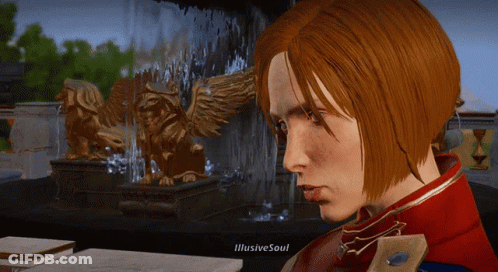 A Woman With Red Hair Is Sitting In Front Of A Fountain With The Words Illusive Soul Written On The Bottom GIF