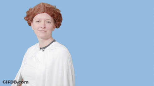 A Woman With Red Hair Is Smiling In Front Of A Blue Background With The Words You 'Re Our Only Hope GIF