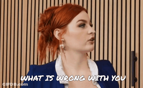 A Woman With Red Hair Is Talking To Someone And The Words What Is Wrong With You Are Above Her GIF