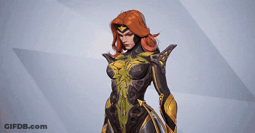 A Woman With Red Hair Is Wearing A Black And Gold Superhero Costume GIF