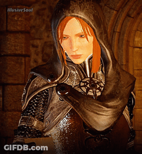 A Woman With Red Hair Is Wearing A Hooded Cape And Holding A Sword In Front Of An Illusive Soul Watermark GIF