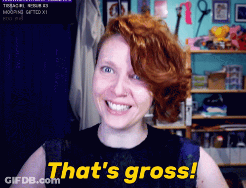 A Woman With Red Hair Says That 'S Gross In Yellow Letters GIF