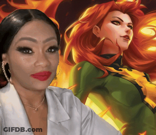 A Woman With Red Lips Is Standing In Front Of A Painting Of Phoenix GIF