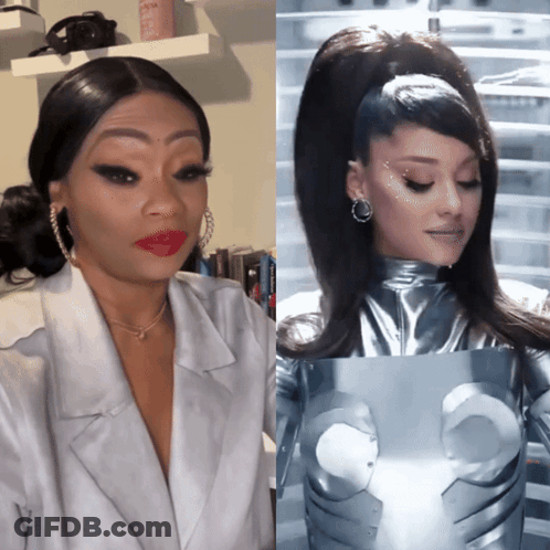 A Woman With Red Lipstick Is Next To A Picture Of Ariana Grande In A Silver Outfit GIF
