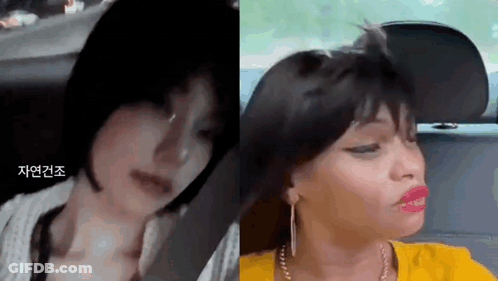 A Woman With Short Hair Is Sitting In A Car Next To Another Woman With Long Hair And Red Lips . GIF