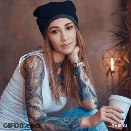 A Woman With Tattoos On Her Arms Is Holding A Cup Of Coffee And Wearing A Beanie . GIF