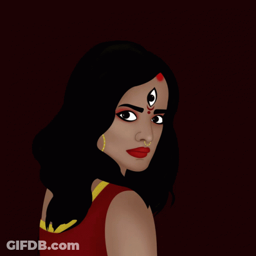 A Woman With Three Eyes Is Holding A Trident GIF