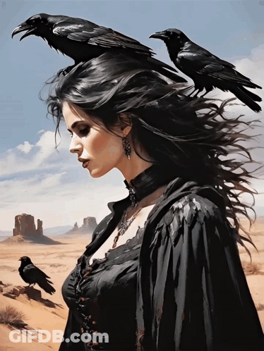 A Woman With Two Black Birds On Her Head Stands In The Desert GIF