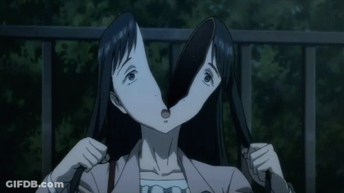A Woman With Two Faces Is Holding A Stick In Her Mouth GIF