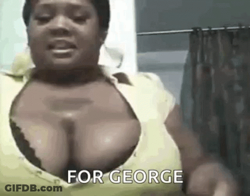 A Woman With Very Large Breasts Is Standing In Front Of A Shower Curtain And Saying `` For George '' . GIF