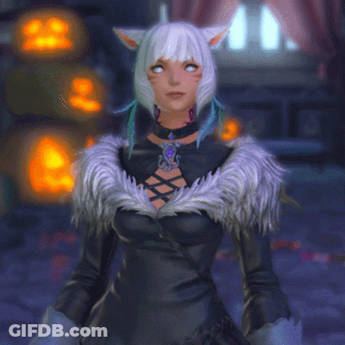 A Woman With White Hair And Ears Is Wearing A Black Dress GIF