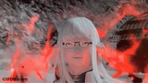 A Woman With White Hair Is Standing In Front Of A Red Fire . GIF