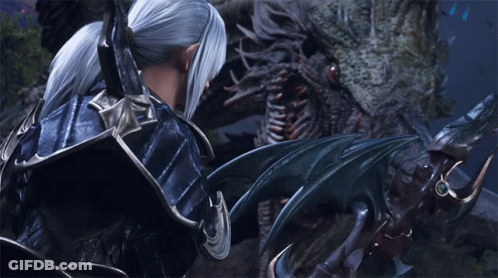 A Woman With White Hair Is Standing Next To A Large Dragon GIF