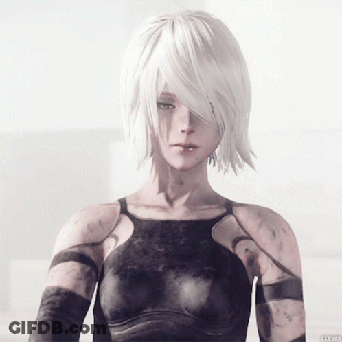 A Woman With White Hair Is Wearing A Black Top And Black Sleeves GIF