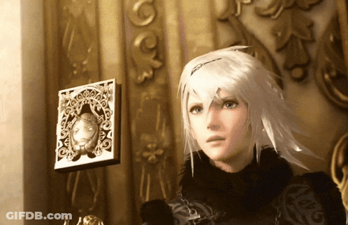 A Woman With White Hair Stands In Front Of A Wall With A Picture Of A Face On It GIF