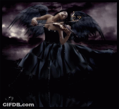 A Woman With Wings Is Playing A Violin In A Dark Room GIF