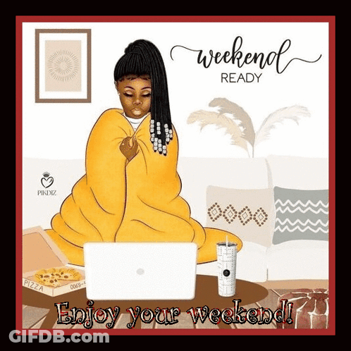 A Woman Wrapped In A Yellow Blanket Is Sitting On A Couch With A Laptop And A Box Of Pizza . GIF