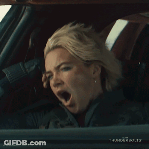 A Woman Yawning In A Car With Thunderbolts On The Bottom GIF
