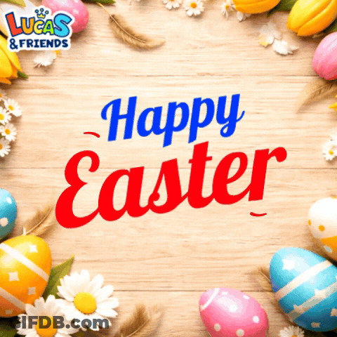 A Wooden Background With Eggs And Flowers And The Words Happy Easter GIF