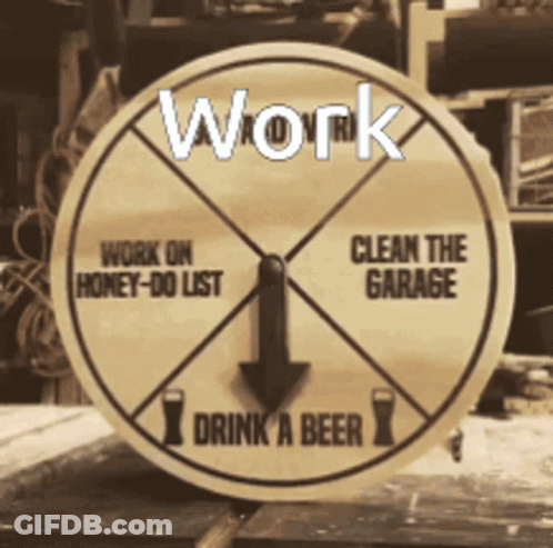 A Wooden Circular Sign That Says Work On Honey-Do List Clean The Garage And Drink A Beer GIF