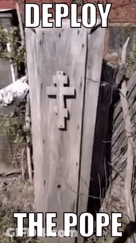 A Wooden Coffin With A Cross On It And The Words Deploy The Pope On It GIF