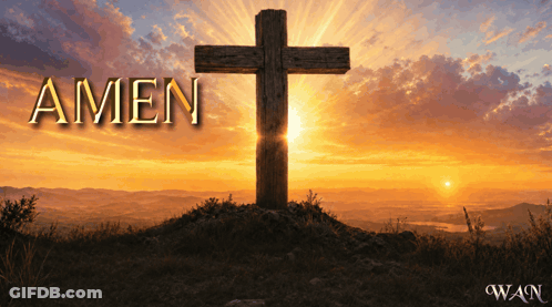 A Wooden Cross On Top Of A Hill With The Word Amen Above It GIF