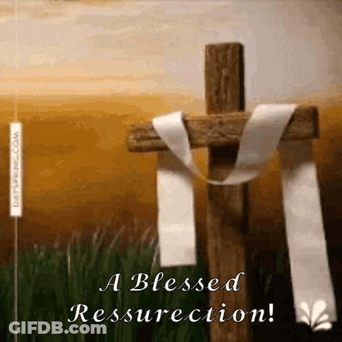 A Wooden Cross With A White Ribbon Around It And The Words " A Blessed Resurrection " GIF