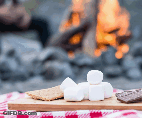 A Wooden Cutting Board With Marshmallows And Chocolate On It In Front Of A Fire GIF