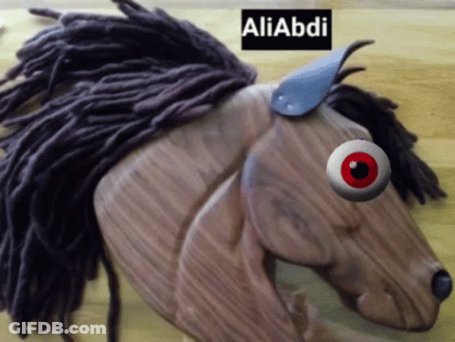 A Wooden Horse With Dreadlocks And A Red Eye Has The Name Aliabdi On The Bottom Right GIF