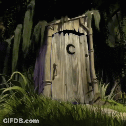 A Wooden Outhouse With A Letter C On The Door GIF