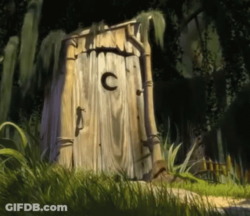 A Wooden Outhouse With A Letter C On The Door GIF