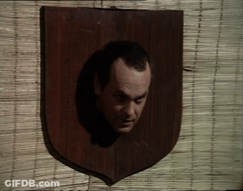 A Wooden Plaque With A Man 'S Head In It GIF
