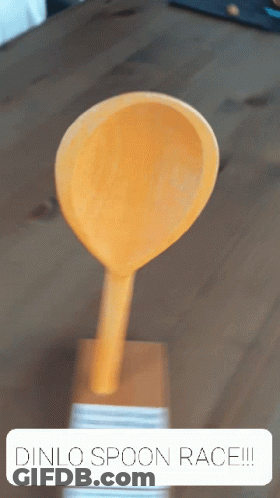 A Wooden Spoon Is On A Wooden Table With The Words Dinlo Spoon Race Written Below It GIF