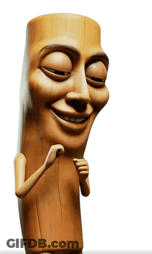A Wooden Statue With A Smiling Face And Arms On A White Background GIF